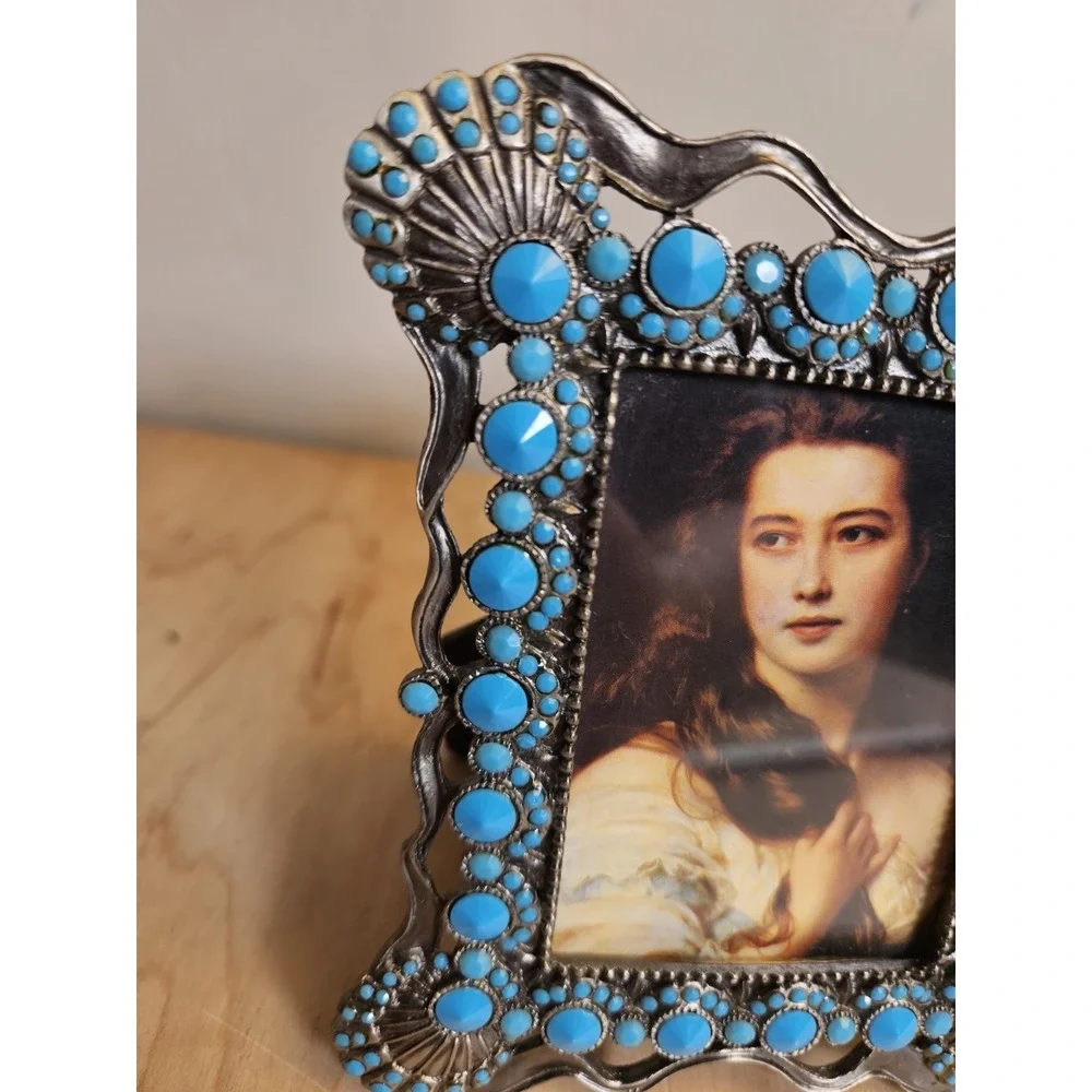 Western Turquoise Blue Silver Tone Jeweled Photo Frame Southwestern Decor